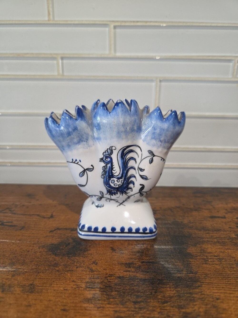 Delft Blue Style Ceramic Tulipiere 3 Finger Vase Rooster Chinoiserie Decor
